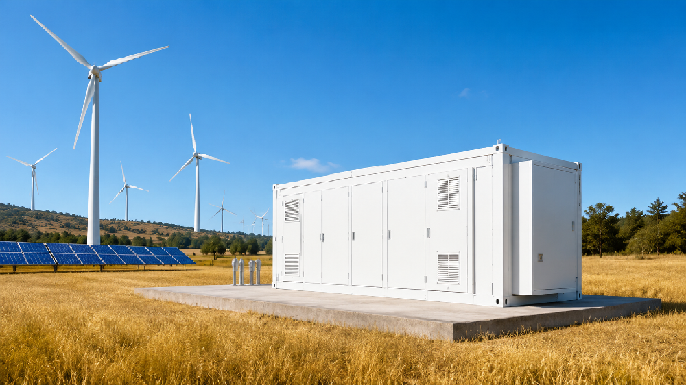 Battery energy storage system with solar panels and wind turbines